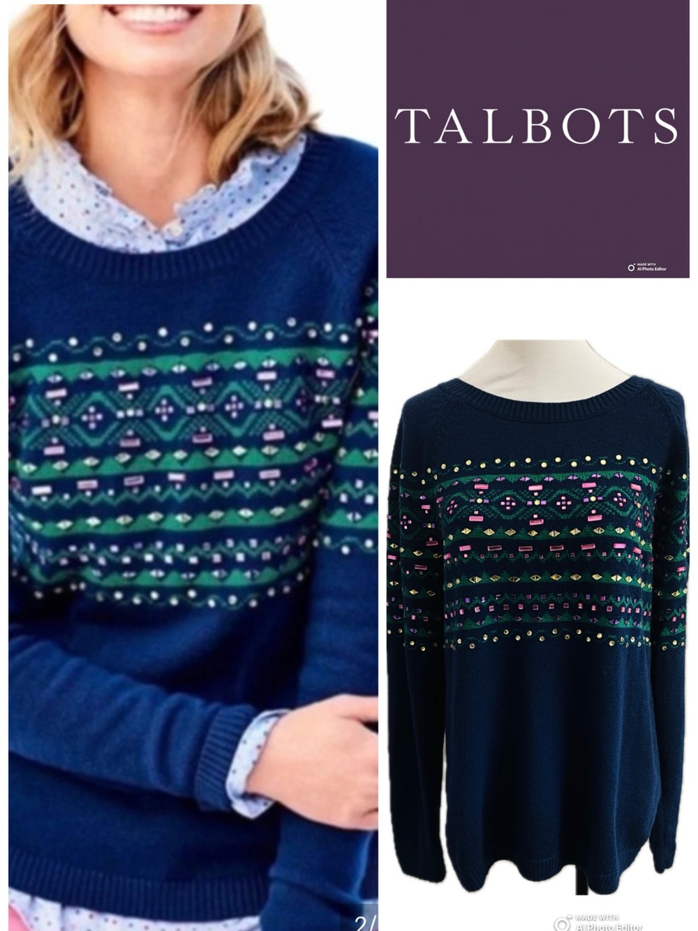 NWOT Talbots Dazzled Fair Isle Pullover Sweater Navy Blue / Green Size Large